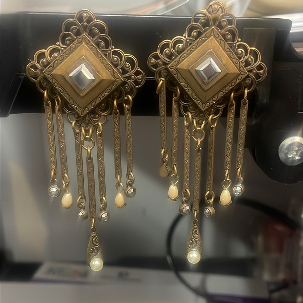 Gold and Cream Filigree Chandelier Earrings